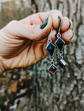 Load image into Gallery viewer, Black Onyx + Amber + Sterling Silver Dangle Earrings