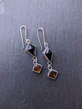 Load image into Gallery viewer, Black Onyx + Amber + Sterling Silver Dangle Earrings