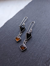 Load image into Gallery viewer, Black Onyx + Amber + Sterling Silver Dangle Earrings
