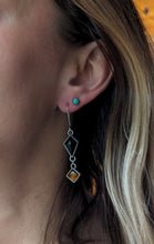 Load image into Gallery viewer, Black Onyx + Amber + Sterling Silver Dangle Earrings