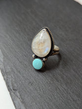 Load image into Gallery viewer, Turquoise + Moonstone Sterling Silver Ring Size 7.5