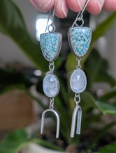Load image into Gallery viewer, Turquoise + Rainbow Moonstone + Sterling Silver Arch Earrings