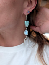 Load image into Gallery viewer, Turquoise + Rainbow Moonstone + Sterling Silver Arch Earrings