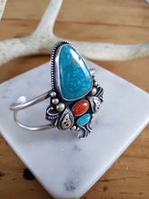 Load image into Gallery viewer, Large Turquoise + Coral Sterling Silver Cuff