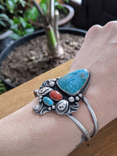 Load image into Gallery viewer, Large Turquoise + Coral Sterling Silver Cuff