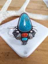 Load image into Gallery viewer, Large Turquoise + Coral Sterling Silver Cuff