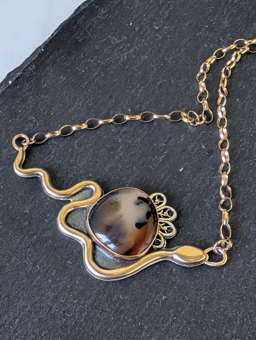 Sterling Silver, Brass and GF + Montana Agate Choker Style Snake Necklace