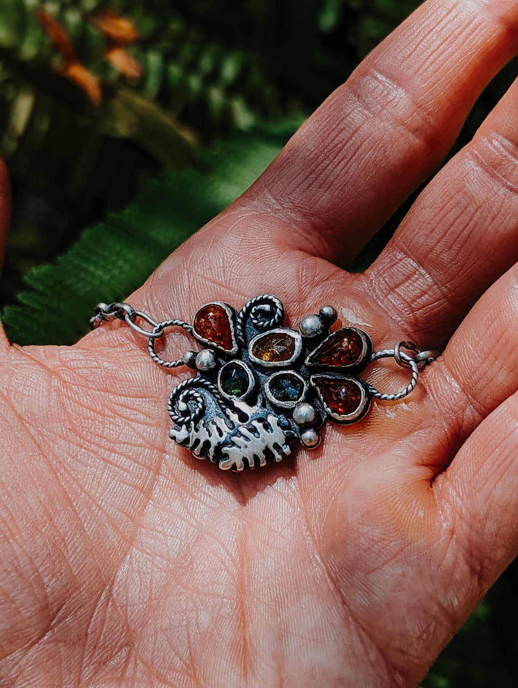 Tourmaline + Amber + Sterling Silver Fern Choker Necklace