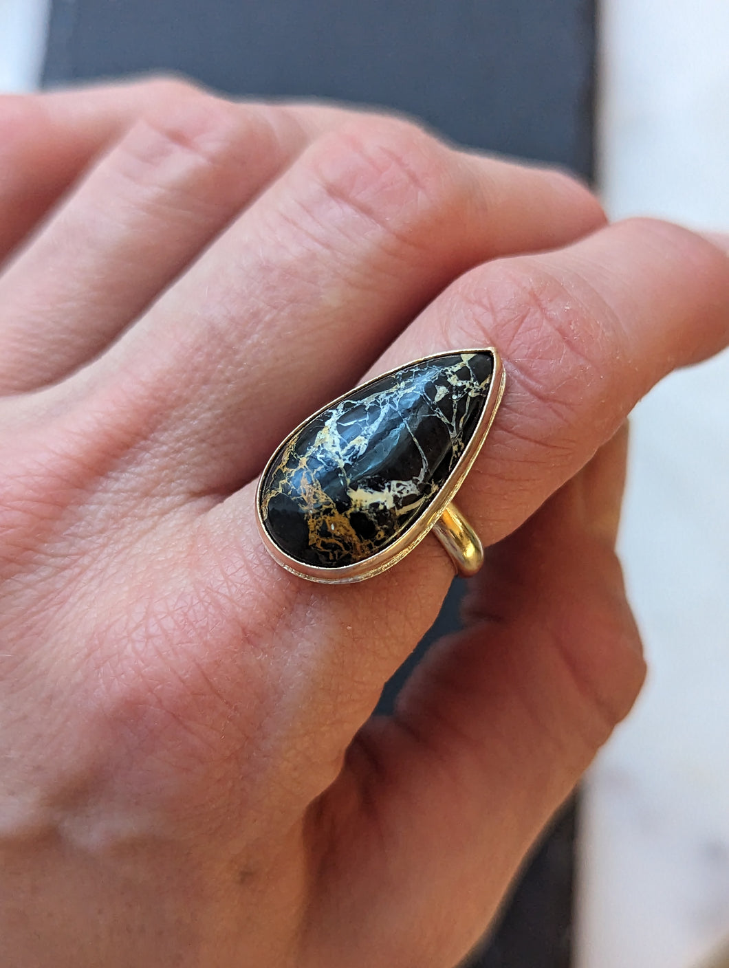 Teardrop White Buffalo + Gold Filled Ring - Size 6