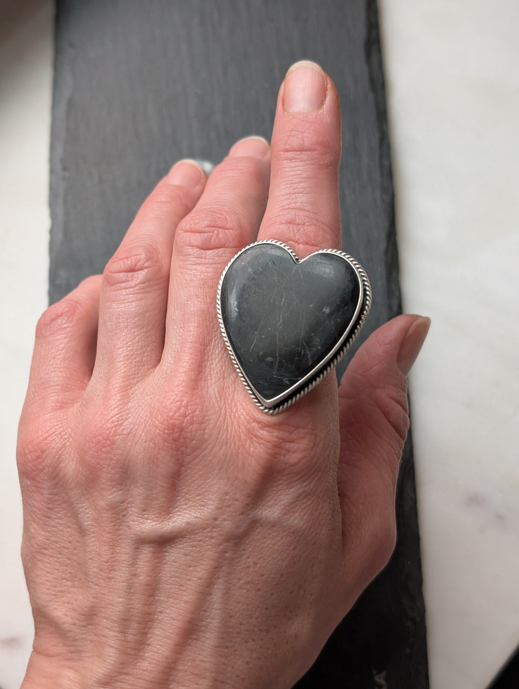 White Buffalo Heart + Sterling Silver Ring - Size 8.25