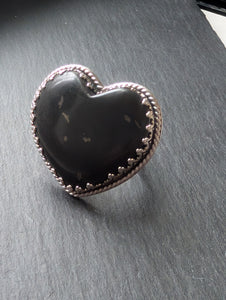 Black Heart + Sterling Silver Ring in Gallery Wire - Size 10