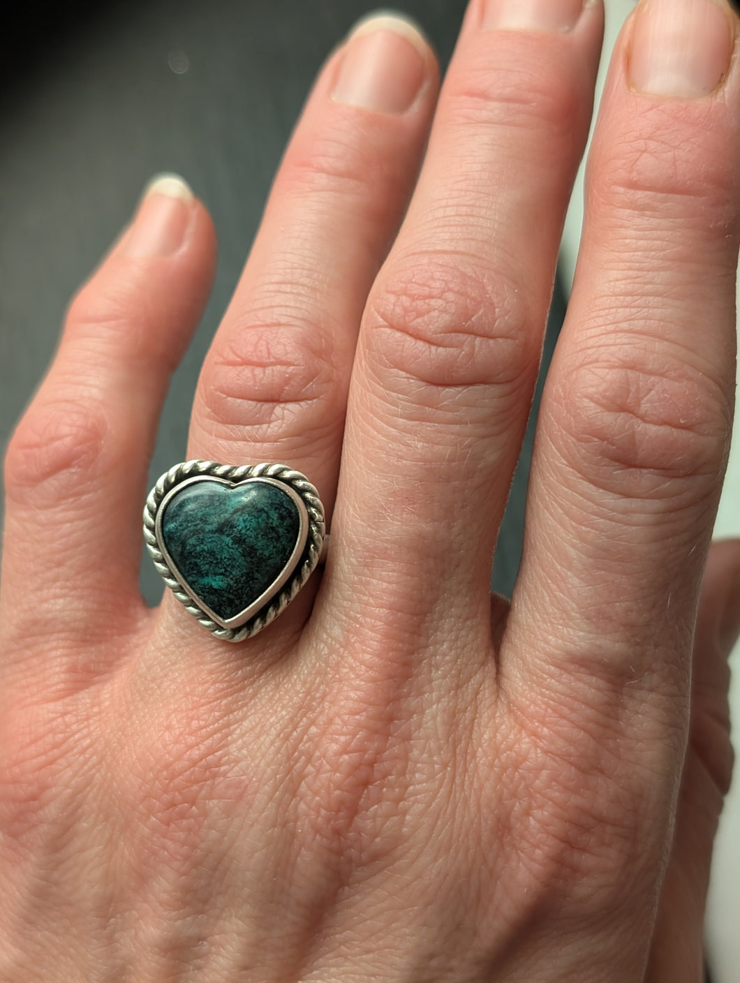 Small Dark Hubei Turquoise Heart + Sterling Silver Ring - Size 6