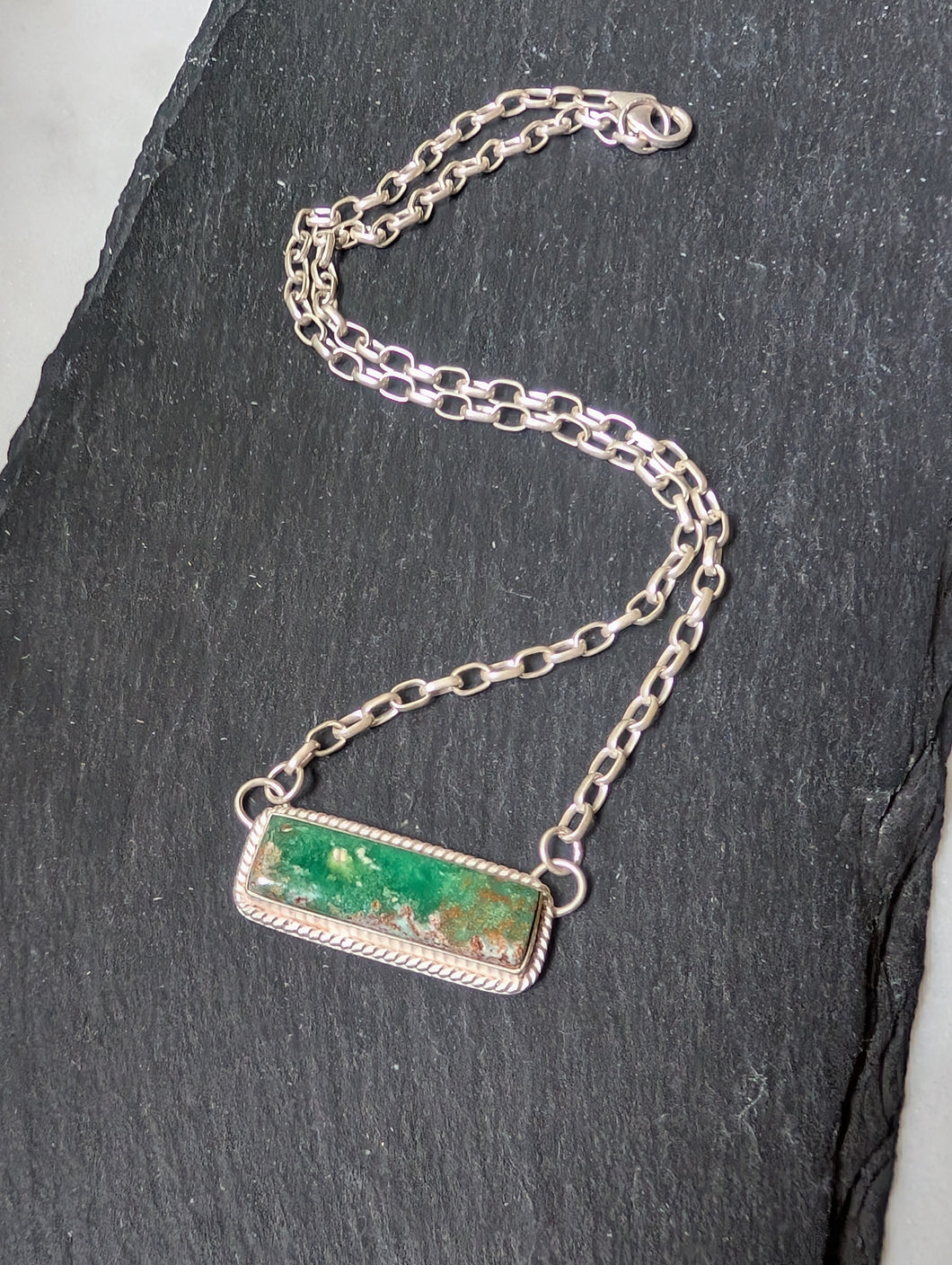 Green Turquoise Bar + Sterling Silver Chain Necklace