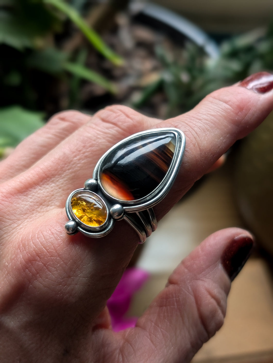 Sterling Silver + Montana Agate and Amber Ring - Size 9.25