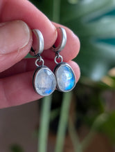 Load image into Gallery viewer, Turquoise + Rainbow Moonstone Huggie Earrings
