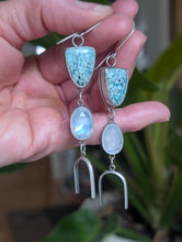 Load image into Gallery viewer, Turquoise + Rainbow Moonstone + Sterling Silver Arch Earrings
