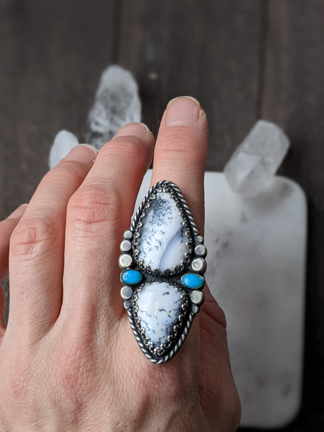 Double Dendritic Opal + American Mine Turquoise Statement Ring - Size 7.75