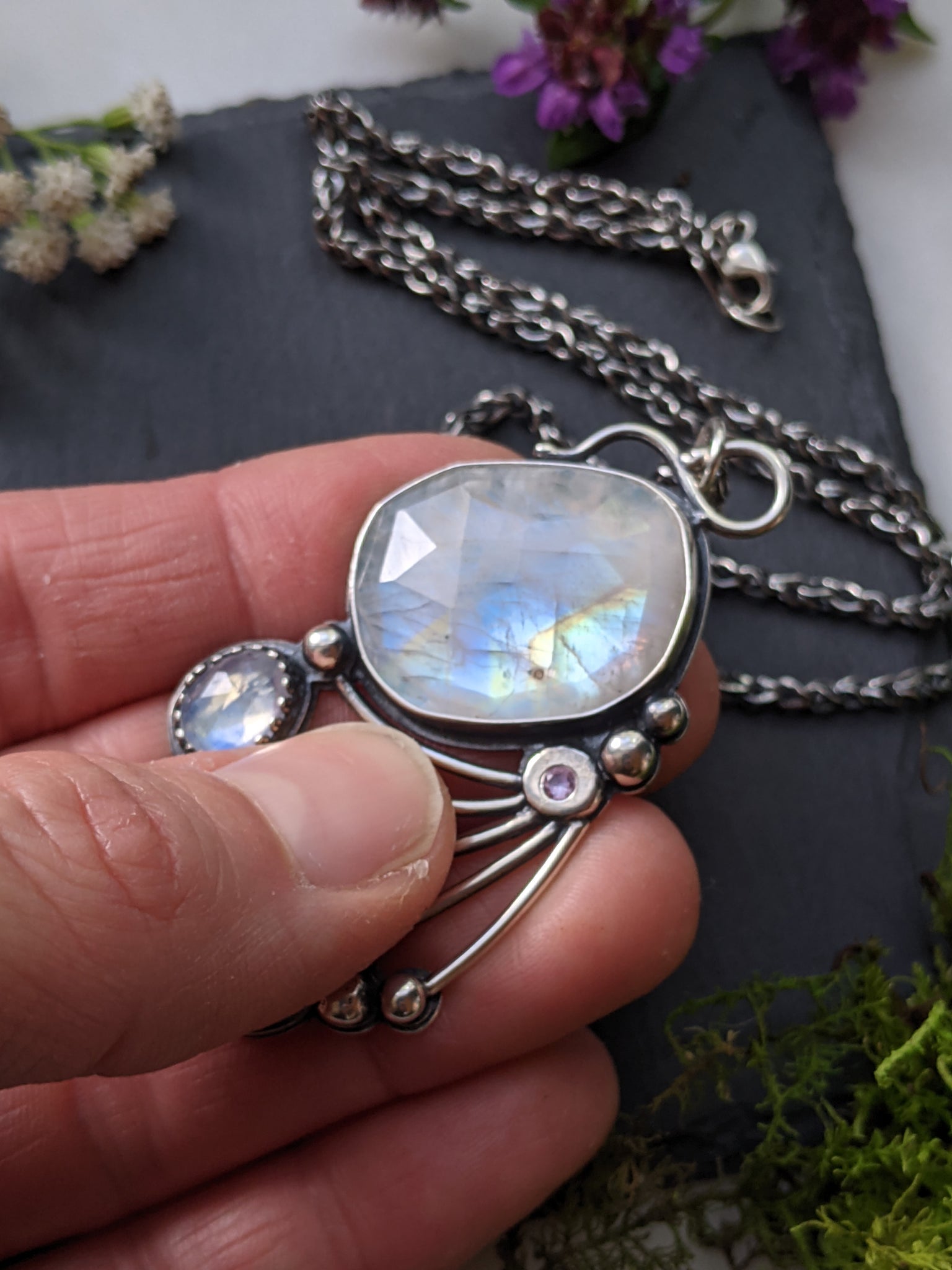 Unique Art Deco Rainbow Moonstone Pendant with Complimentary Silver Ch