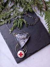 Load image into Gallery viewer, Rutilated Quartz+ Vintage Red Cross Pin + Sterling Silver Statement Necklace

