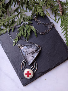 Rutilated Quartz+ Vintage Red Cross Pin + Sterling Silver Statement Necklace