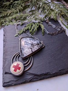 Rutilated Quartz+ Vintage Red Cross Pin + Sterling Silver Statement Necklace