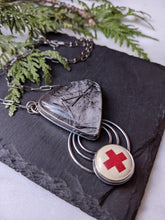 Load image into Gallery viewer, Rutilated Quartz+ Vintage Red Cross Pin + Sterling Silver Statement Necklace
