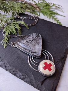 Rutilated Quartz+ Vintage Red Cross Pin + Sterling Silver Statement Necklace