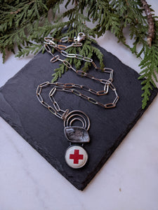 Rutilated Quartz + Vintage Red Cross Pin + Sterling Silver Necklace