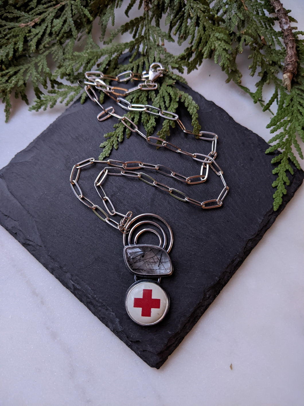 Rutilated Quartz + Vintage Red Cross Pin + Sterling Silver Necklace
