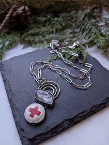 Rutilated Quartz + Vintage Red Cross Pin + Sterling Silver Necklace