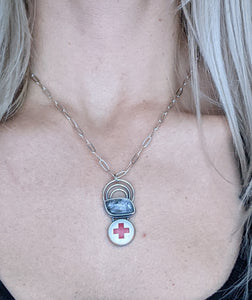 Rutilated Quartz + Vintage Red Cross Pin + Sterling Silver Necklace