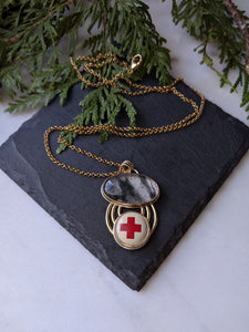 Black Spot Quartz + Vintage Red Cross Pin + Sterling Silver + Gold Filled Necklace