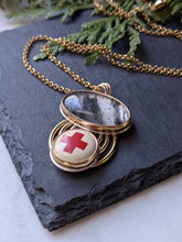 Load image into Gallery viewer, Black Spot Quartz + Vintage Red Cross Pin + Sterling Silver + Gold Filled Necklace
