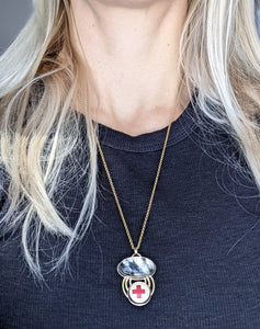 Black Spot Quartz + Vintage Red Cross Pin + Sterling Silver + Gold Filled Necklace