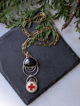 Load image into Gallery viewer, Psilomelane + Vintage Red Cross Pin + Sterling Silver + Gold Filled Necklace
