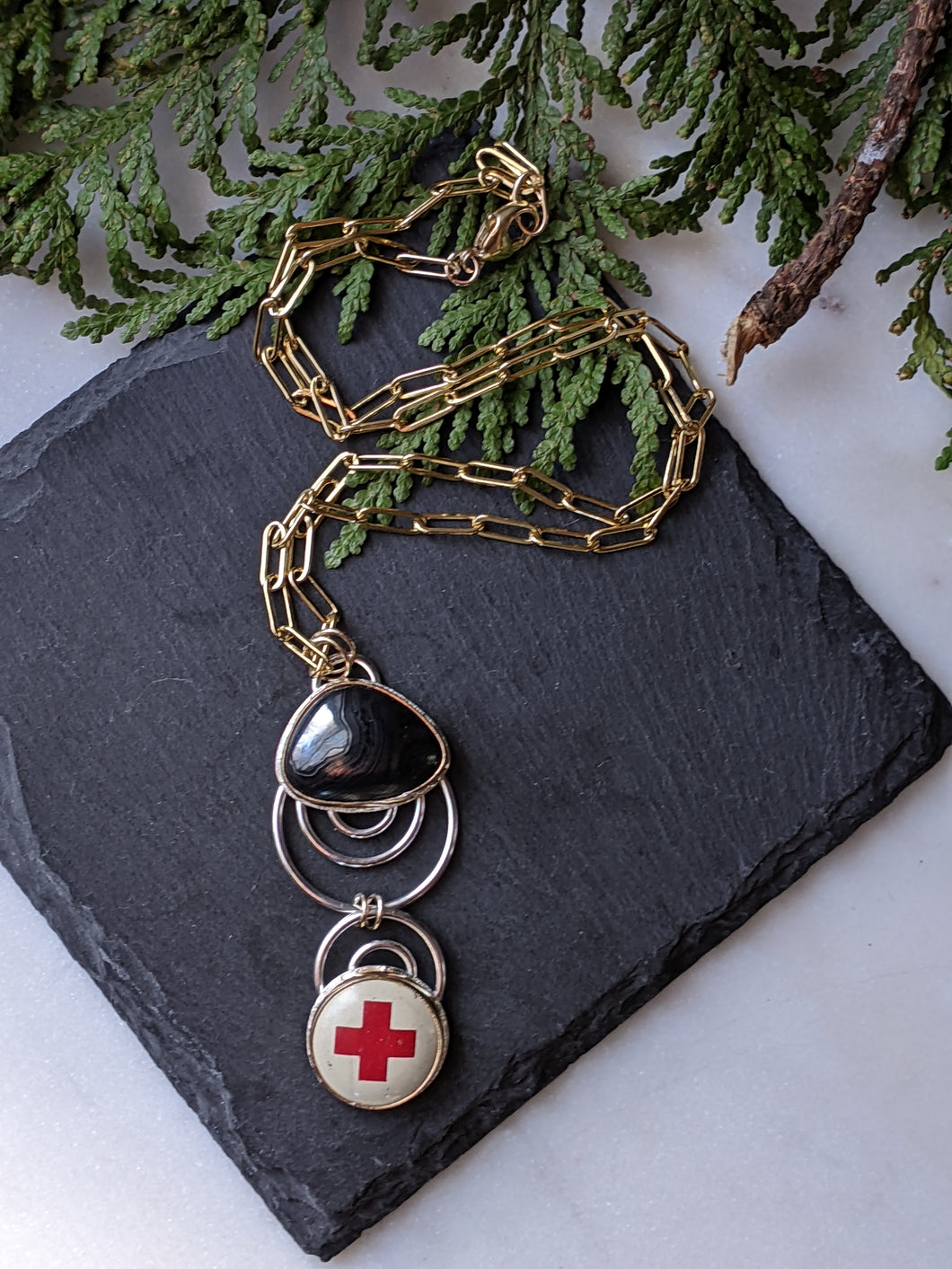 Psilomelane + Vintage Red Cross Pin + Sterling Silver + Gold Filled Necklace