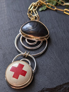 Psilomelane + Vintage Red Cross Pin + Sterling Silver + Gold Filled Necklace