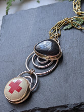 Load image into Gallery viewer, Psilomelane + Vintage Red Cross Pin + Sterling Silver + Gold Filled Necklace
