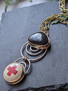 Psilomelane + Vintage Red Cross Pin + Sterling Silver + Gold Filled Necklace