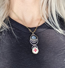 Load image into Gallery viewer, Psilomelane + Vintage Red Cross Pin + Sterling Silver + Gold Filled Necklace

