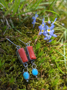 Natural Coral + Turquoise + Sterling Silver Statement Earrings