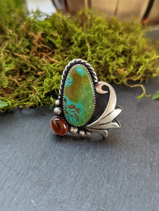 Polychrome Hubei Turquoise + Baltic Amber + Sterling Silver Ring - Size 5.75