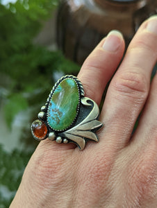 Polychrome Hubei Turquoise + Baltic Amber + Sterling Silver Ring - Size 5.75