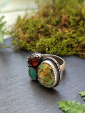 Load image into Gallery viewer, Hubei Turquoise + Garnet + Sterling Silver Open Shank 3 Stone Ring - Size 7
