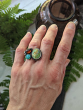 Load image into Gallery viewer, Hubei Turquoise + Garnet + Sterling Silver Open Shank 3 Stone Ring - Size 7

