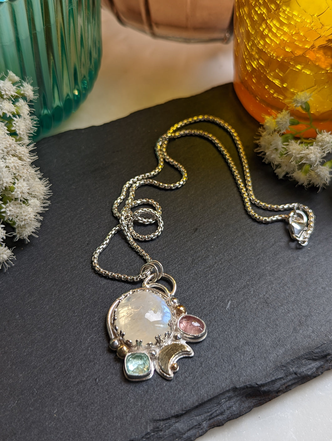 Moonstone + Pink and Aqua Tourmaline + Brass Crescent Moon + SS Necklace