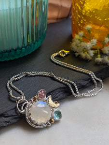 Moonstone + Pink and Aqua Tourmaline + Brass Crescent Moon + SS Necklace