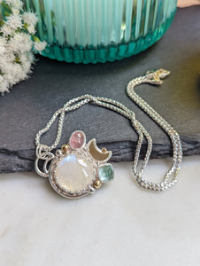 Moonstone + Pink and Aqua Tourmaline + Brass Crescent Moon + SS Necklace