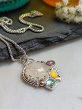 Load image into Gallery viewer, Moonstone + Pink and Aqua Tourmaline + Brass Crescent Moon + SS Necklace
