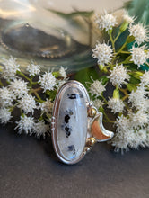 Load image into Gallery viewer, Moonstone +Brass Crescent Moon + Sterling Silver Ring - Size 10.25
